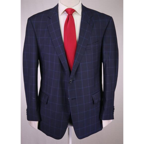 Zeke Executive Navy Blue Windowpane 2-Btn Wool Suit Portly 42S - Picture 2 of 10